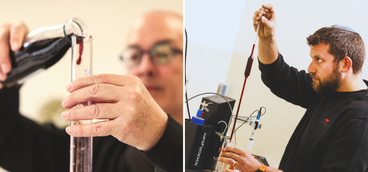 A composite image showing two winemakers conducting wine analysis. One is pouring red wine into a graduated cylinder, and the other is using a hydrometer to test the wine.