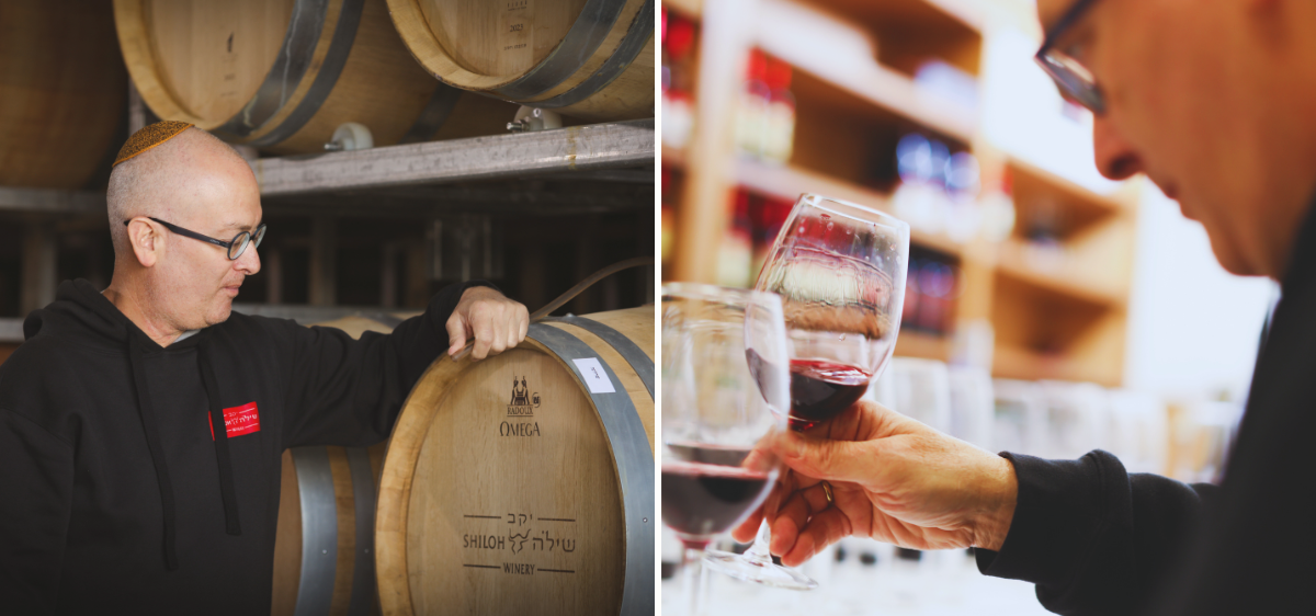 A composite image showing Amichai Lourie standing next to a wine barrel and holding a glass of red wine during a tasting session.