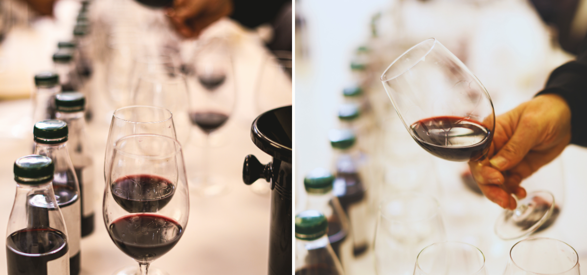 A composite image showing close-ups of glasses filled with red wine during a tasting session. The images focus on the wine and glasses, with blurred backgrounds.