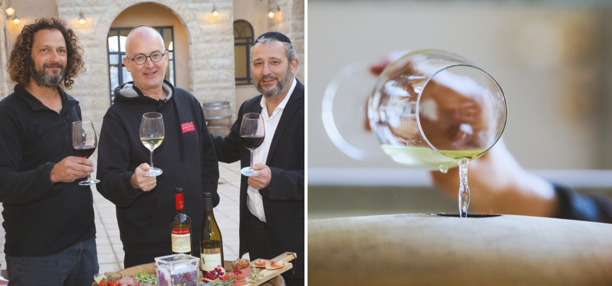 A composite image of three men holding wine glasses, standing around a table with wine bottles, and a close-up of a glass of white wine being poured.