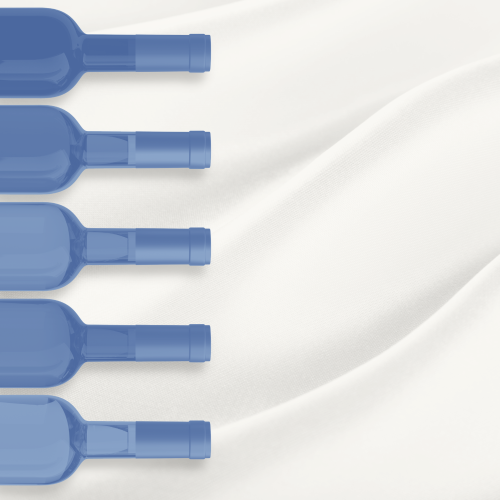 5 plain blue bottles with white background