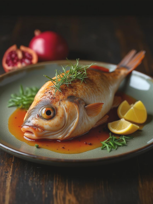 A roasted fish head garnished with herbs, served on a plate with lemon wedges and pomegranate in the background.