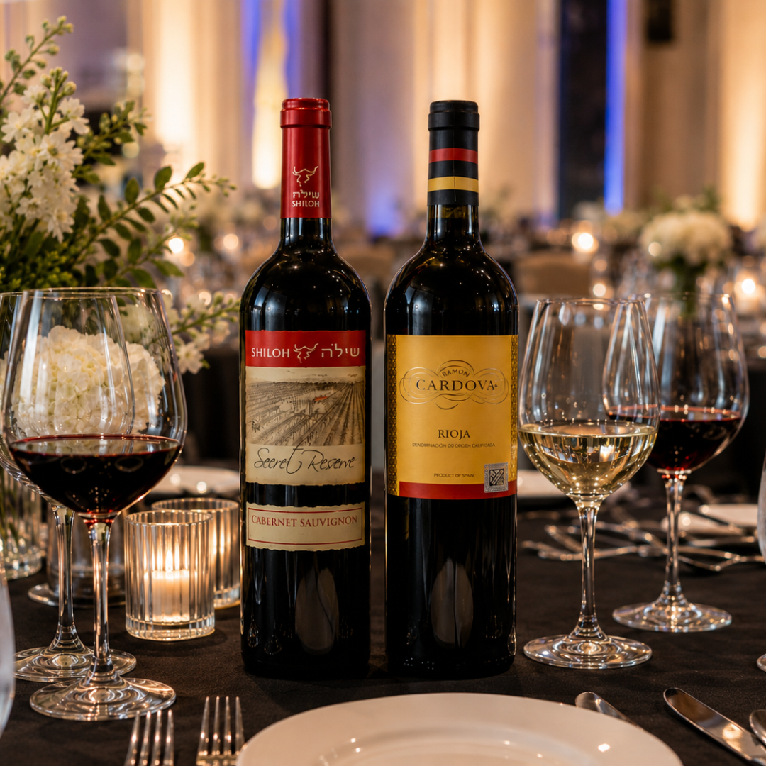 Upscale corporate event dinner featuring two kosher wine bottles, Shiloh Secret Reserve Cabernet Sauvignon and Ramon Cardova Rioja, arranged on a professionally set table with wine glasses, candles, and elegant floral décor in a sophisticated business event setting.