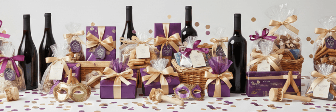 Table with wine bottles, gift baskets, and decorative items on a white background