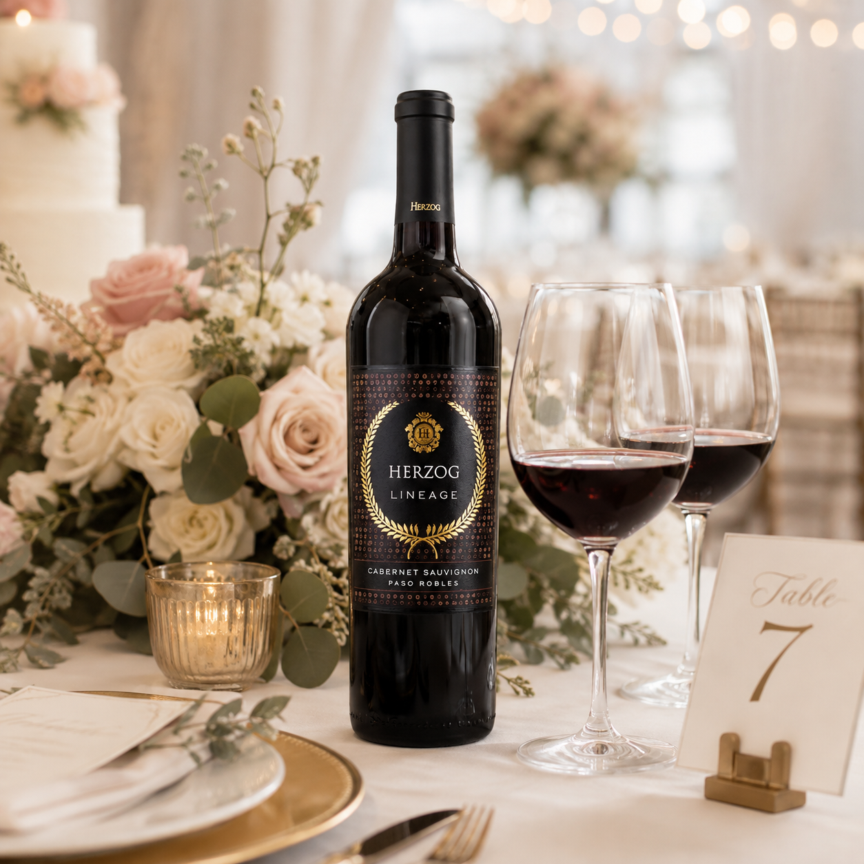 Elegant formal wedding reception table featuring a bottle of Herzog Lineage Cabernet Sauvignon, two glasses of red wine, romantic floral arrangements, candlelight, and a “Table 7” place card.