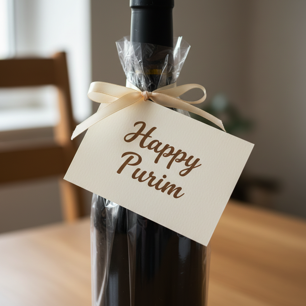 Bottle of wine with a 'Happy Purim' tag on a table.