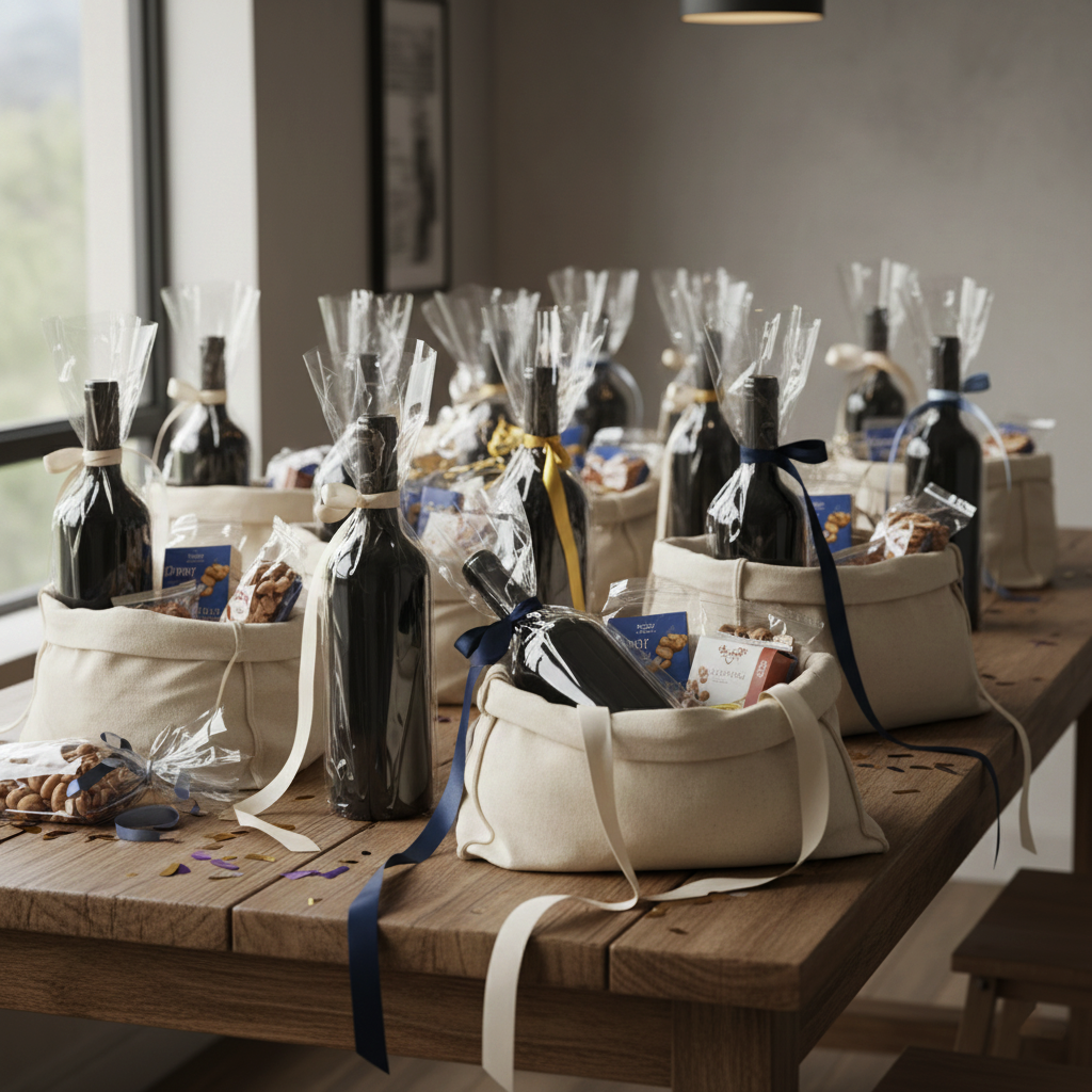 Wine Bottles wrapped in cellophane and tied with ribbons on a wooden table.