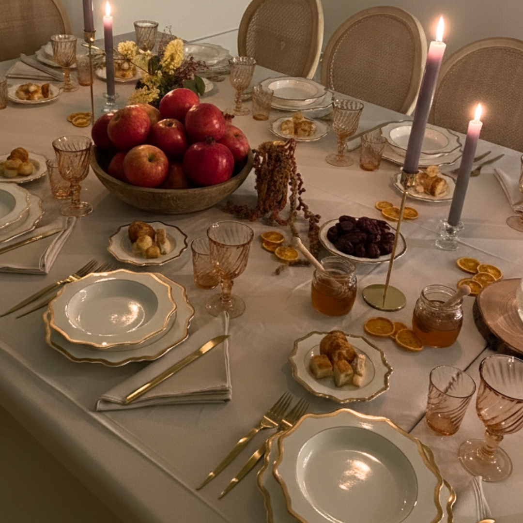 rosh hashanah table setting, includes honey, apple and elegant plates and utensils