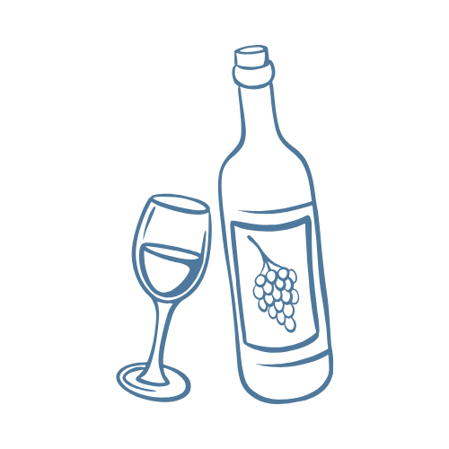 Outline of a wine bottle with a label featuring grapes and a wine glass on a white background