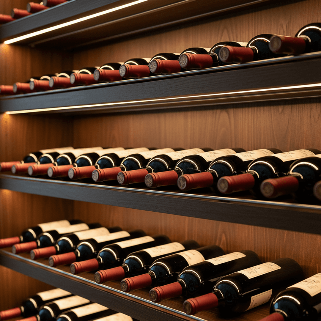Shelves filled with wine bottles in a dimly lit wine cellar.