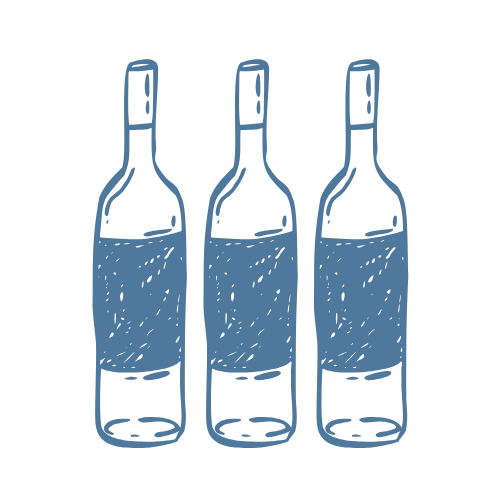 Three wine bottles with blue labels on a white background