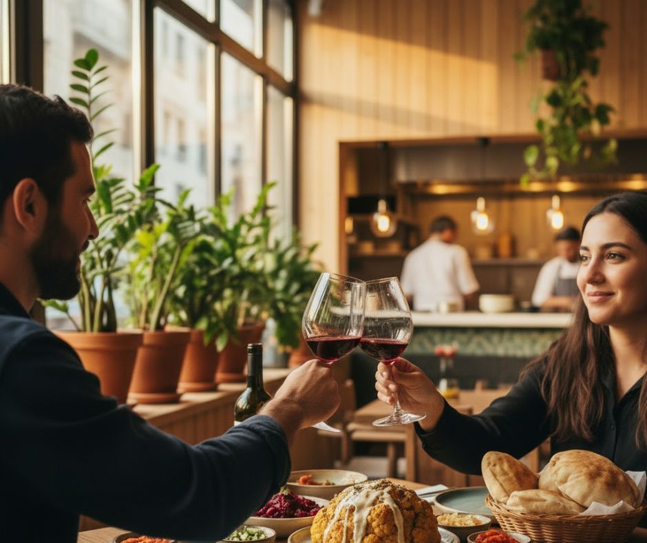 Two people toasting with wine glasses in a cozy restaurant setting.