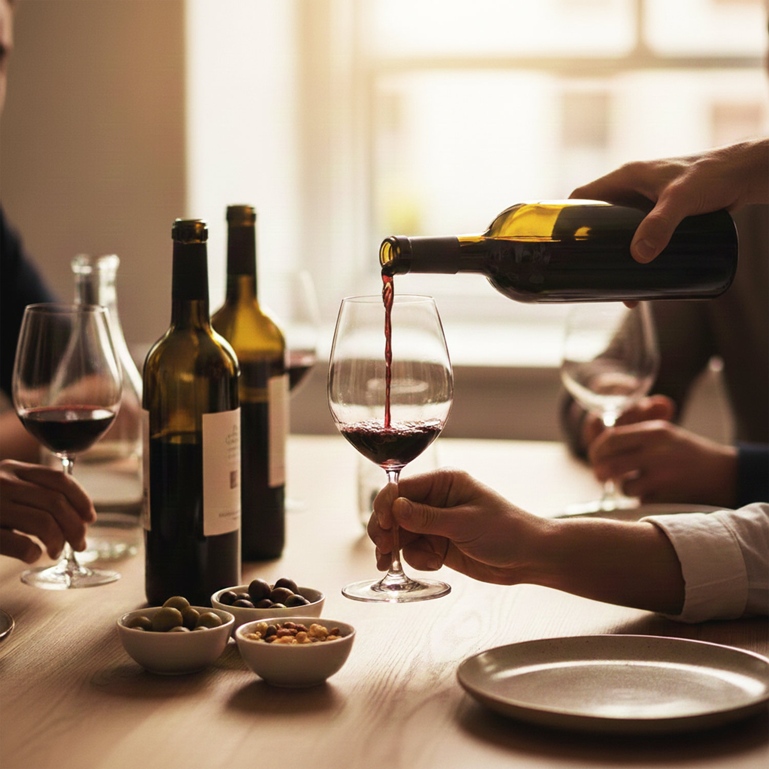 People pouring red wine into glasses with a table setting in the background