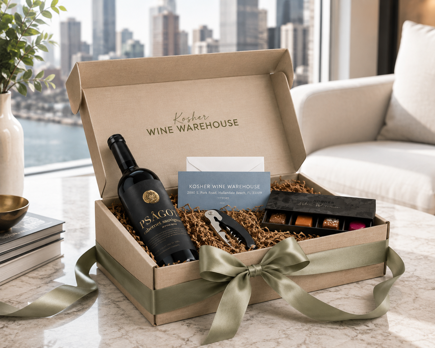 Kosher wine gift box with a bottle of Pasco wine, gourmet chocolates, corkscrew, greeting card, and olive-green ribbon, displayed on a marble table in a stylish Chicago apartment overlooking the city skyline.