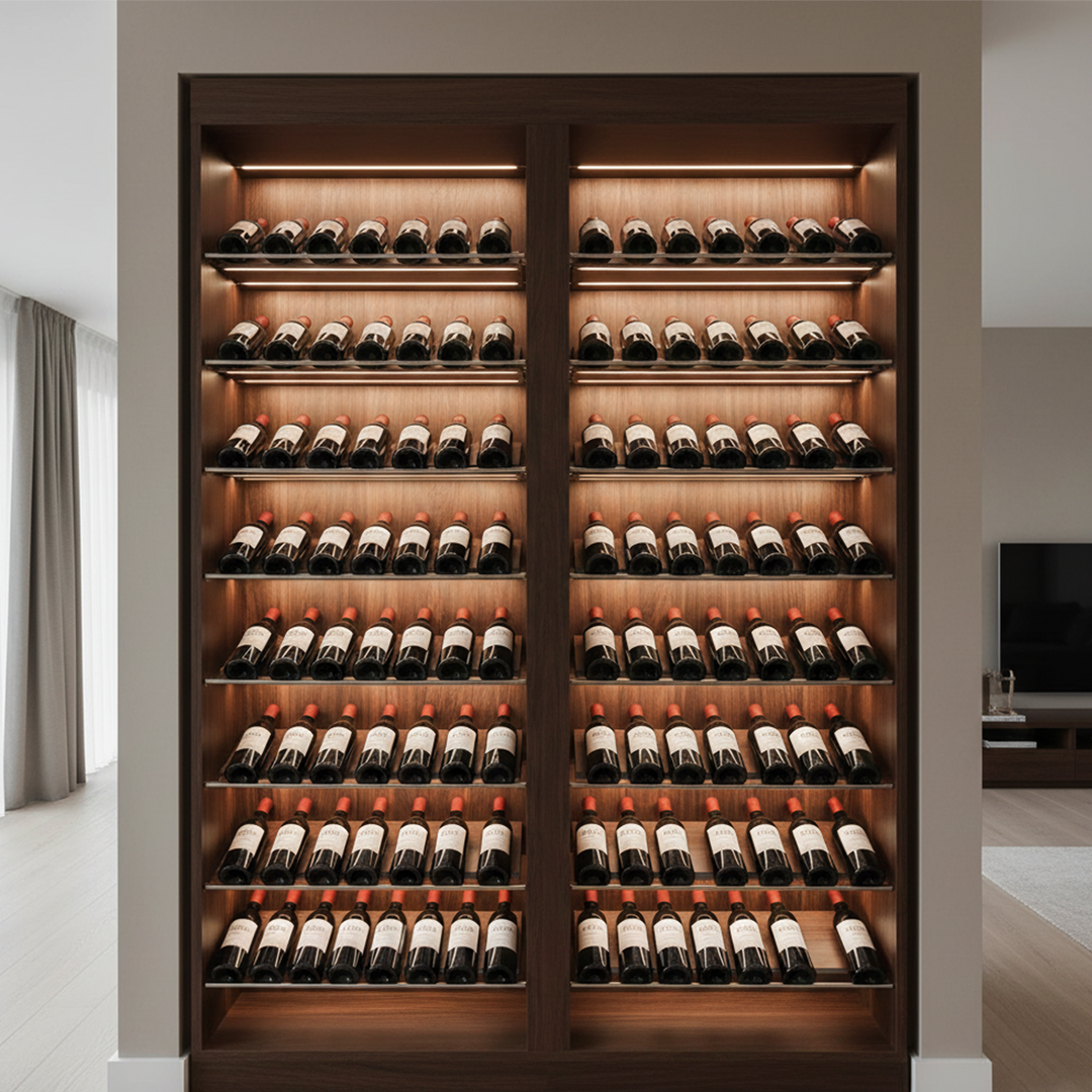 Wine rack with numerous bottles of wine in a modern interior setting