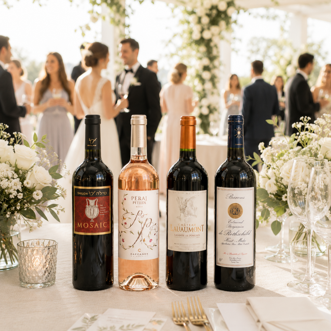 Four wine bottles arranged on a wedding reception table with white flowers, glassware, and blurred guests in the background. The bottles include dark red, rosé, and black wines with decorative labels.